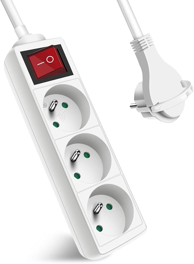 Bande d’alimentation Extrastar 3 voies avec interrupteur Plug plat, 3 prises, extension 1,5 m 230 V avec sécurité enfant, blanc (paquet de 2)