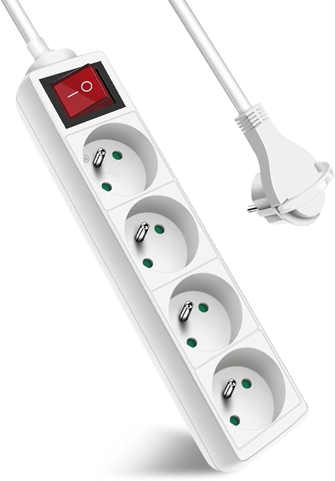 Bande d’alimentation 4 voies Extrastar avec prise plate à interrupteur, 4 prises, rallonge 1,5 m 230 V avec sécurité enfant, blanc